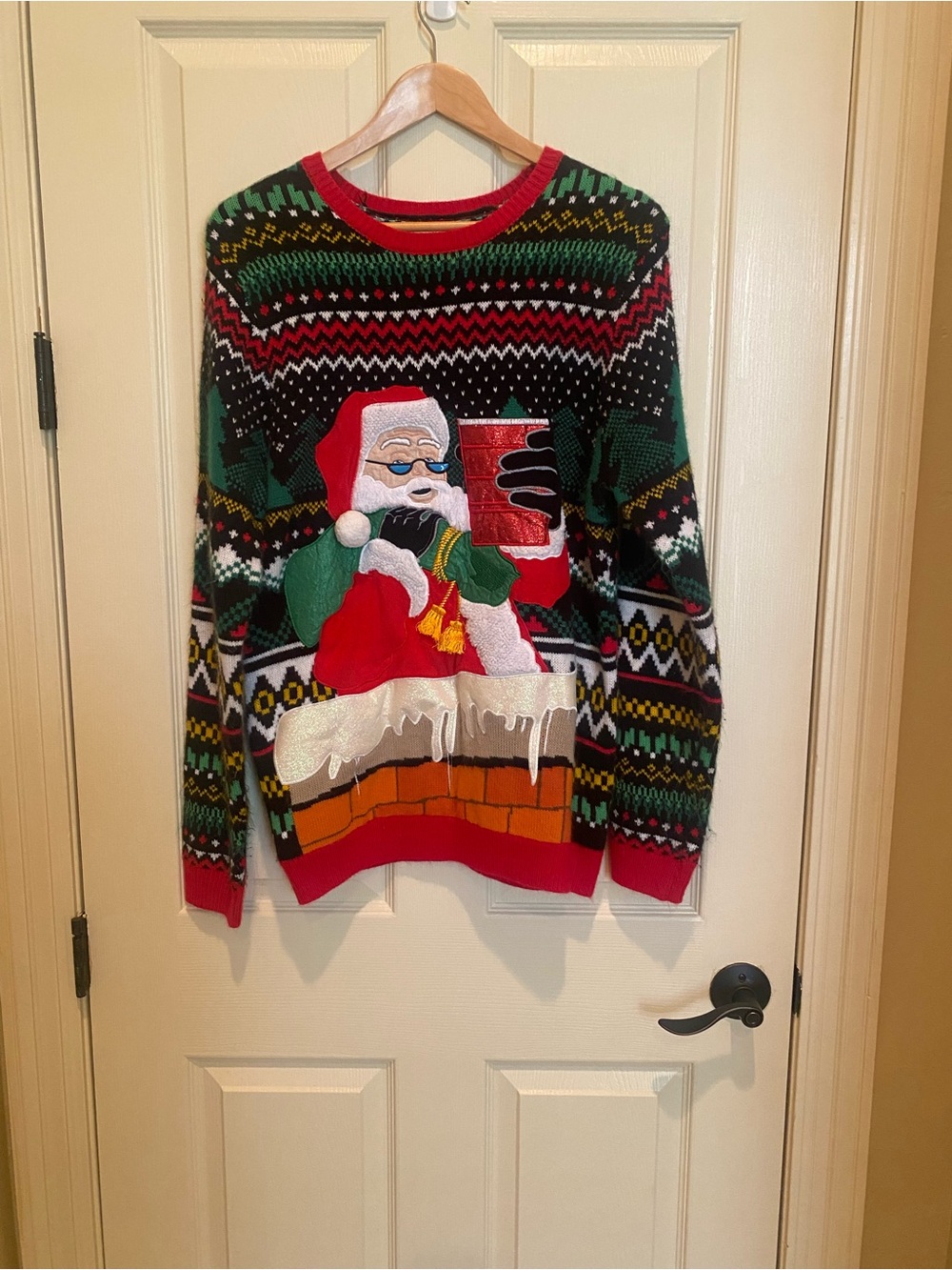 Holiday Time Men's Crewneck Santa Sweater in Red, Green & Black